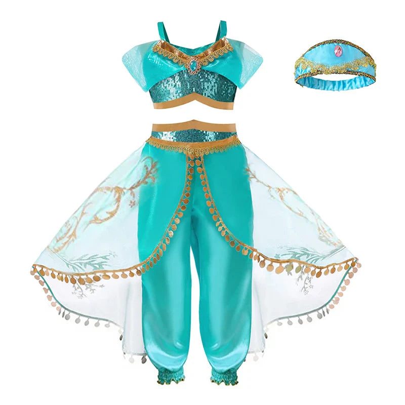 Jasmine Rapunzel Snow Queen Elsa Princess Dress Girl Mesh Sequin Dress Kids Cosplay Belle Aurora Costumes Carnival Party Gowns