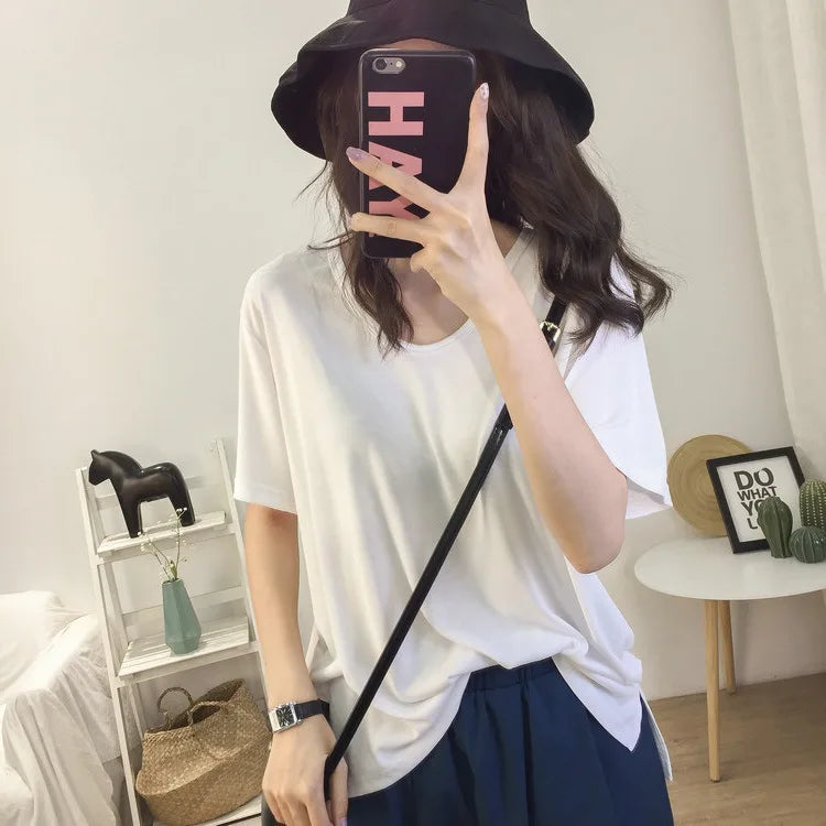 1pcs Girls Summer Solid T-shirts Women Classic Basic Fashion Tees Students Short Sleeve Loose Tops Female V Neck Comfort Tshirts