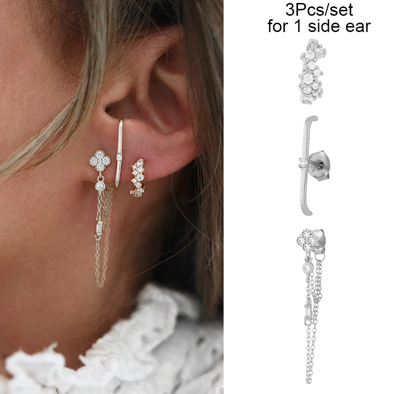 3PCs/set Earrings for 1 Ear Women gold color zirconia Classic Piercing Designer Earring set 2024 Women Jewelry Wholesale