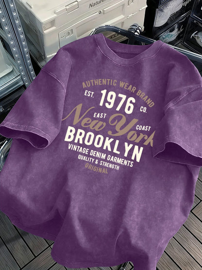 New York Brooklyn Est 1976 Washed Mens T-Shirt Cotton All-Match O-Neck T Shirts Retro Unisex Fashion Tee Loose Soft Short Sleeve