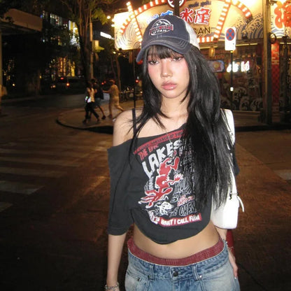 Tee Y2k Letter Print Off Shoulder Punk T-shirts Women Harajuku Summer Streetwear Grunge T Shirt Aesthetic Sexy Crop Tops