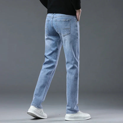 Spring Fashion Men's Light Blue Slim Jeans Stylish Business Casual Stretch Fabric Denim Pants Classic All Match Trousers