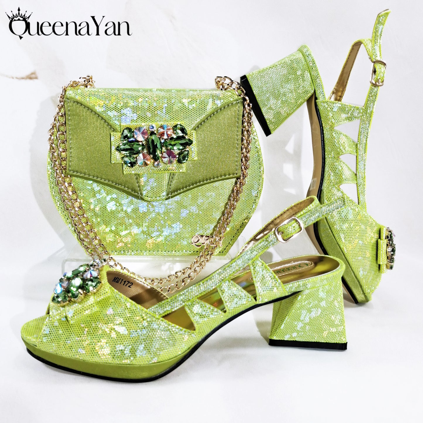 Special Synthetic Fabrics Design Teal Color Women's Matching Shoe and Bag Set  for Weddings and Parties