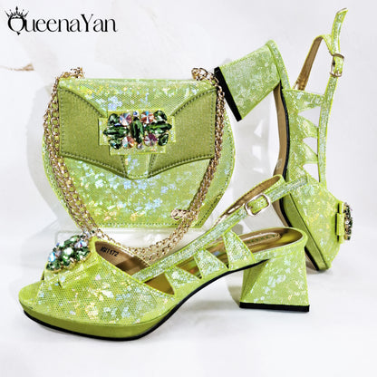 Special Synthetic Fabrics Design Teal Color Women's Matching Shoe and Bag Set  for Weddings and Parties
