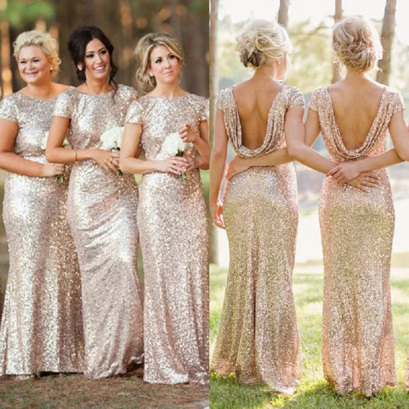 Champagne Sequins Bridesmaid Dresses Mermaid Rose Gold Short Sleeves O Neck Burgundy Summer Formal Wedding Party Guest Gown