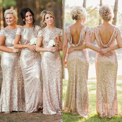 Champagne Sequins Bridesmaid Dresses Mermaid Rose Gold Short Sleeves O Neck Burgundy Summer Formal Wedding Party Guest Gown