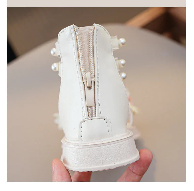Children's Sandals for Girls Elegant Sandals Pearl Beading Sweet Princess Dress Shoes Kids High-top Roman Sandals Back Zipper