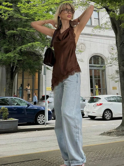 2026 Spring Women Backless Sexy Lace Splicing Halter Neck Top Summer Female Off Shoulder Asymmetrical Satin Camisole