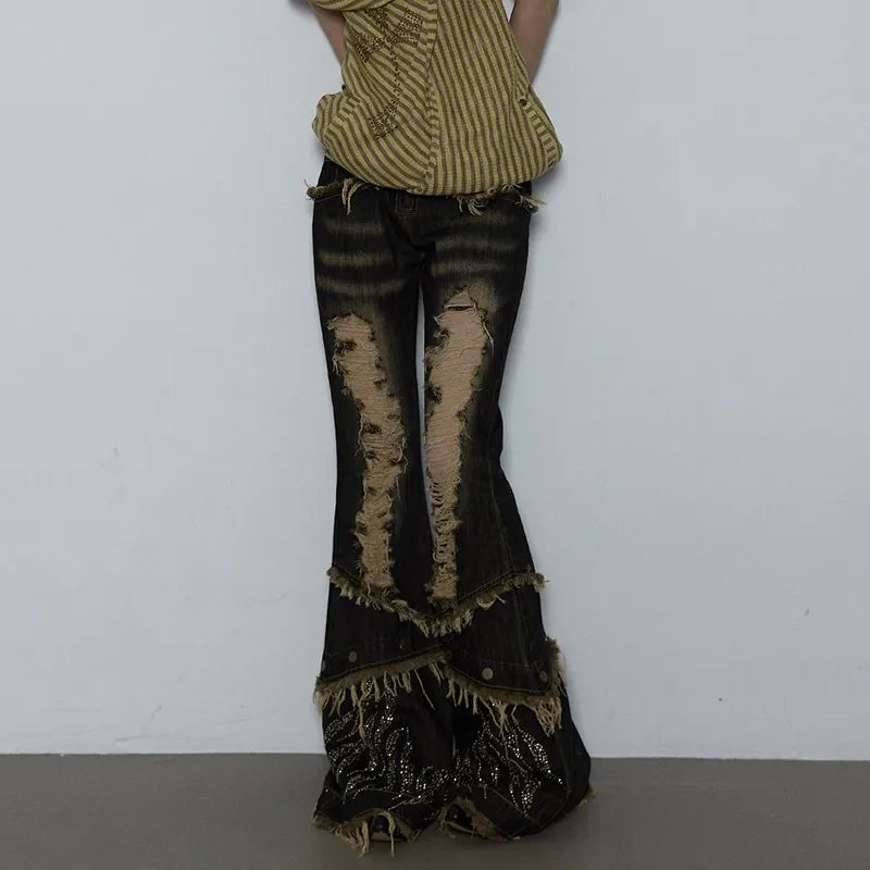 Women Japanese Vintage Tassel Low Rise Flare Denim Pants