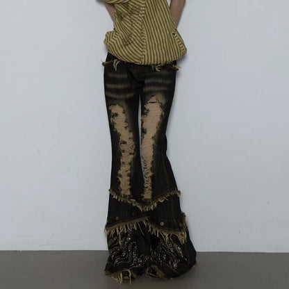 Women Japanese Vintage Tassel Low Rise Flare Denim Pants