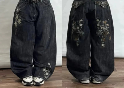 Streetwear New Vintage Letter Printing Washed Baggy Jeans Women Y2K Harajuku Hip Hop Popular Gothic High Waist Wide Leg Pants