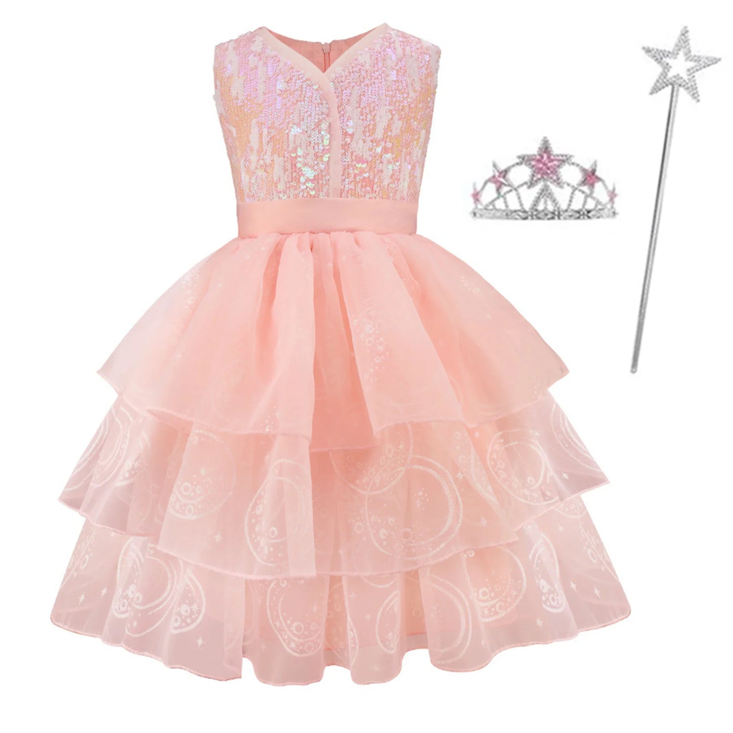 Pink Sequin Lace Wedding Dress+Magic Wand+Crown Outfits 3-13 years Teens Sleeveless fluffy Mesh Gown for girls queen clothes