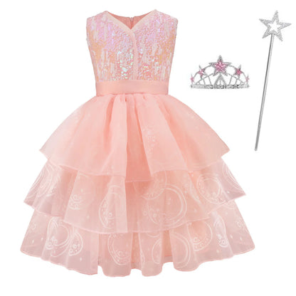 Pink Sequin Lace Wedding Dress+Magic Wand+Crown Outfits 3-13 years Teens Sleeveless fluffy Mesh Gown for girls queen clothes