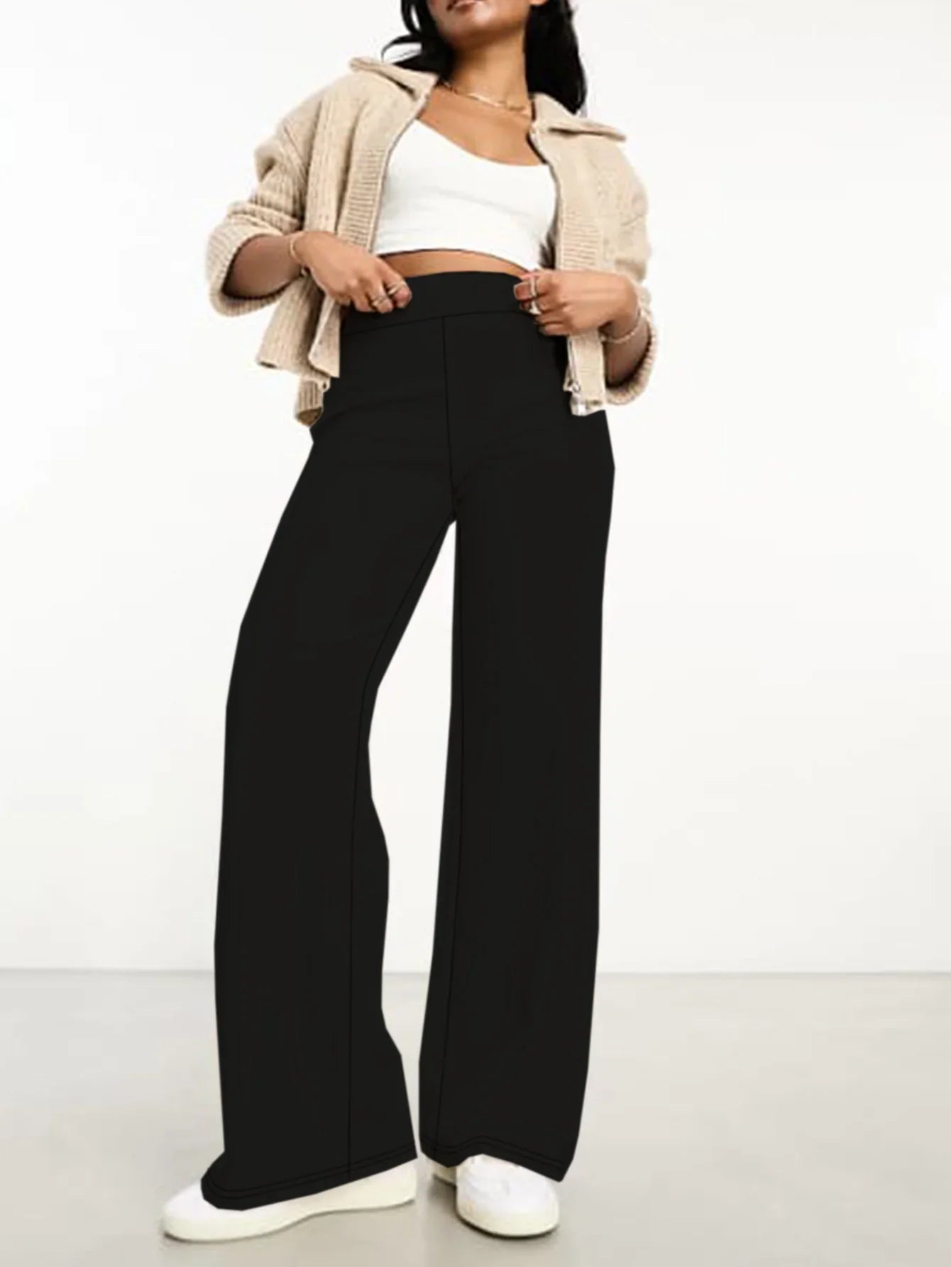 Women's trendy bell-bottomed trousers knitted fabric solid color trousers
