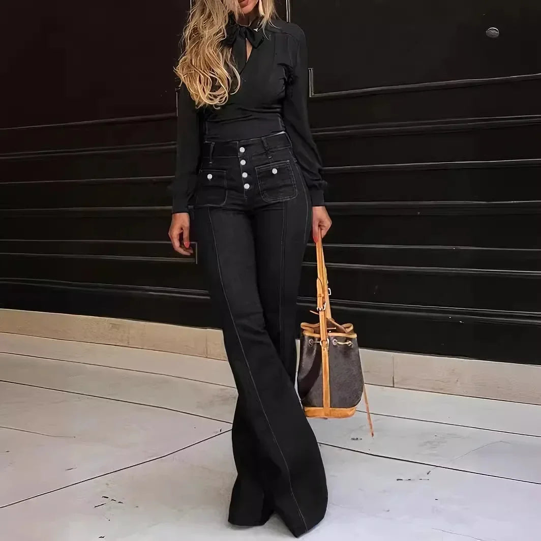 Women Jeans Flare Pants High Waist Streetwear Pockets Buttons