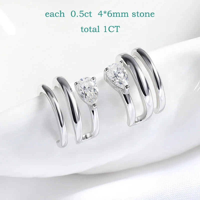 18K Plated Certified Full Moissanite Clip Earrings for Women Pear Cut Pure 925 Silver Lab Diamond Jewelry Wholesale