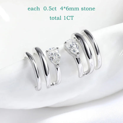 18K Plated Certified Full Moissanite Clip Earrings for Women Pear Cut Pure 925 Silver Lab Diamond Jewelry Wholesale