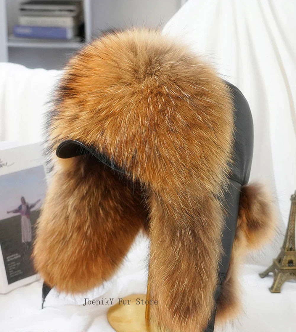 2025 Cap 100% Raccoon Dog Full Fur Fox Fur Hat Men's Fur Ear Protection Winter Thickened and Warm Russian Hat Men's Trend