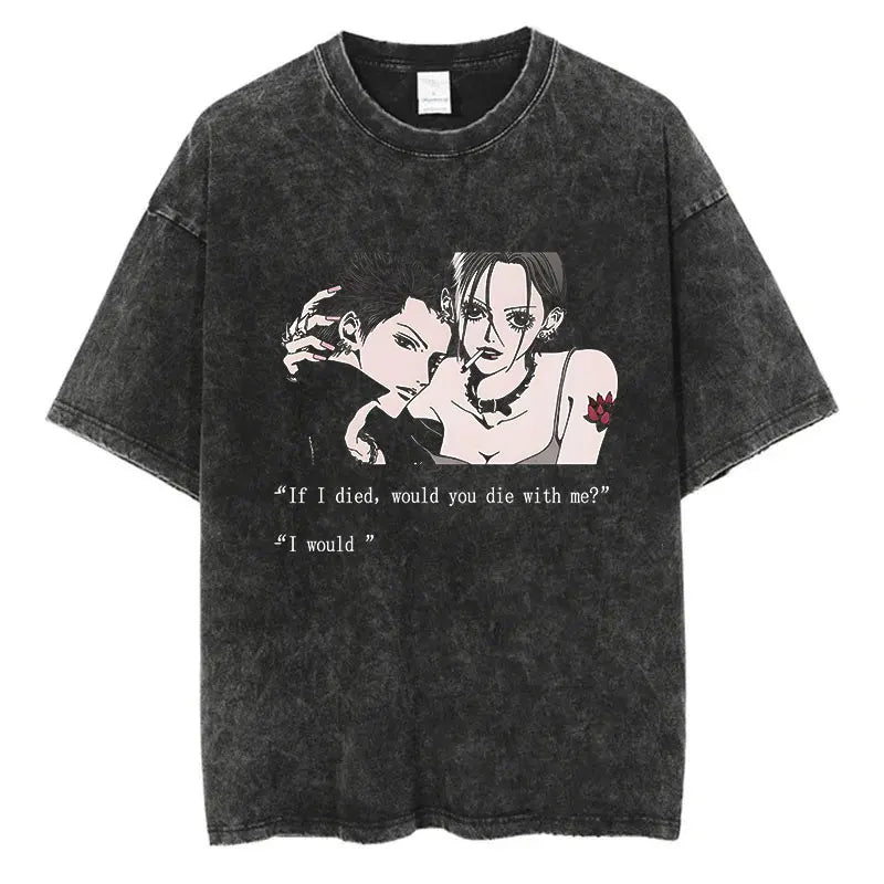 Japanese Anime Nana Osaki Print Vintage Washed Tshirt Harajuku Streetwear Graphic T-Shirt Summer Short Sleeve Cotton Tshirt