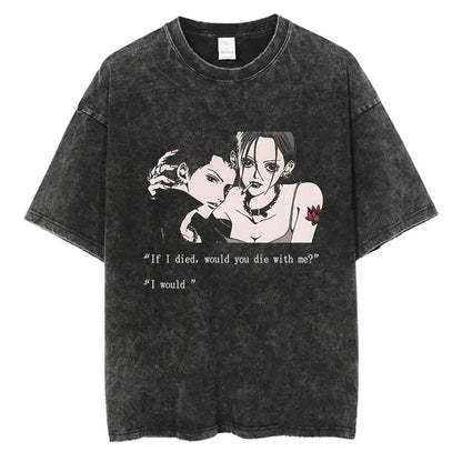 Japanese Anime Nana Osaki Print Vintage Washed Tshirt Harajuku Streetwear Graphic T-Shirt Summer Short Sleeve Cotton Tshirt