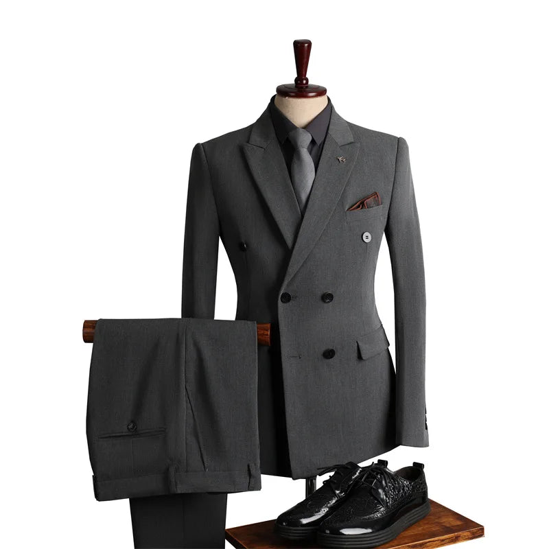 Man Suit Outfit Double-breasted Blazer Men V-neck Vest Straight-leg Pant Male Slim Business Wedding Three-piece Set