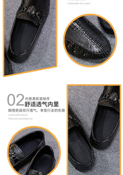 Sapatos Masculinos de Couro com Contas Estilo Britânico Outono Pretos Casuais para Homens Coreanos Preguiçosos Slip-on Sola Macia Mocassins de Condução Modernos