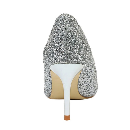 Women 7cm 9.5cm High Heels Pumps Wedding Bridal Scarpins Sparkly Mid Heels Lady Party Sequins Glitter Evening Gold Silver Shoes