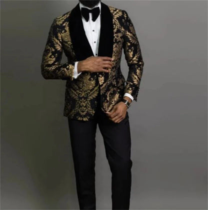 Fast Ship New Year Celebration Blue Gold Pattern Boys Suit Luxurious Ornate Boys Suit FormalKids Tuxedo Set Blazer Vest Pants