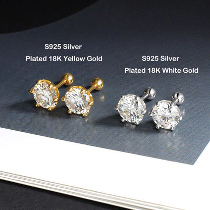 0.2/0.5/2ct D Color Moissanite Screw Stud Earrings for Women Men Silver 925 Plated 18K Pass Diamond Test 6 Prong Earring