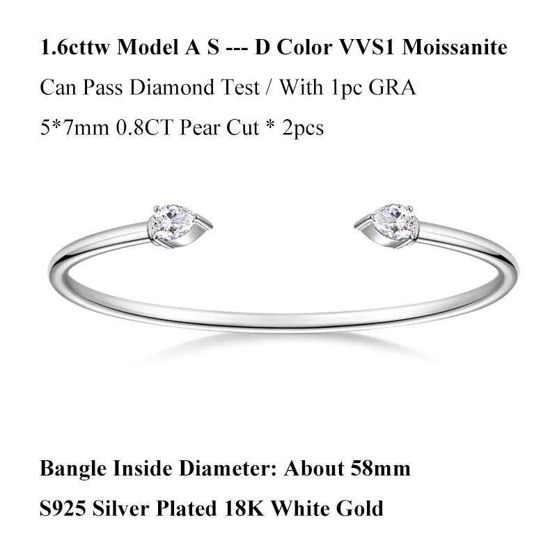 2-Stone 0.8ct Pear Cut Moissanite Cuff Bangle 925 Silver Open Hand Chain Bracelet Adjustable Diamond Jewelry For Women Gift