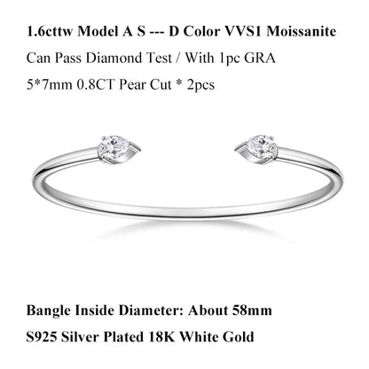 2-Stone 0.8ct Pear Cut Moissanite Cuff Bangle 925 Silver Open Hand Chain Bracelet Adjustable Diamond Jewelry For Women Gift