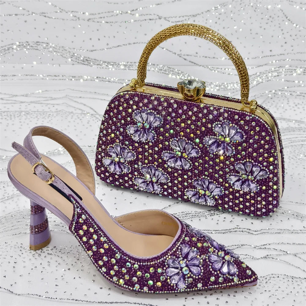 Women's Purple High Heel Party Shoes & Rhinestone Handbag Set - Italian Design for Weddings & Special Occasions