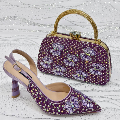 Gold Pointed Toe Rhinestone Heels & Bag Set, Sparkly Slingback Shoes for Women Wedding Party Evening Prom