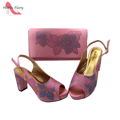 2024 Italian Design Shoes and Bag Set in Pink Color High Quality New Arrivals with Shinning Crystal for Wedding Party