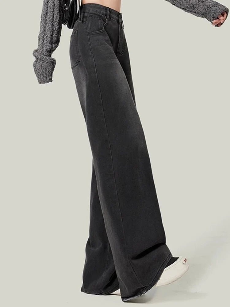 Woman High Waist Jeans Lady Slim Fit Loose Denim Wide Leg Pants