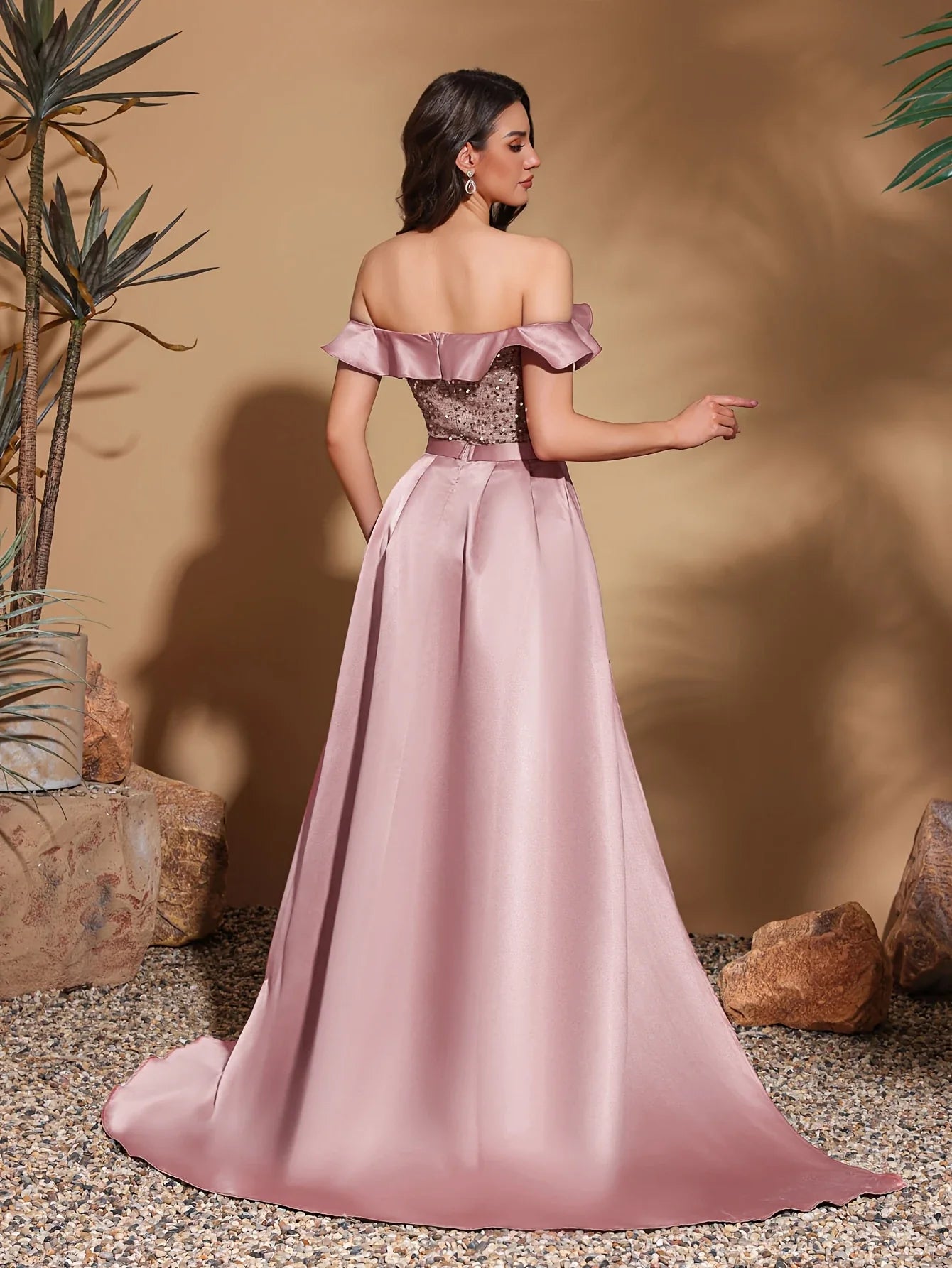 Sequined off-the-shoulder pleated collar satin floor-length dress