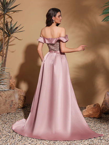 Sequined off-the-shoulder pleated collar satin floor-length dress
