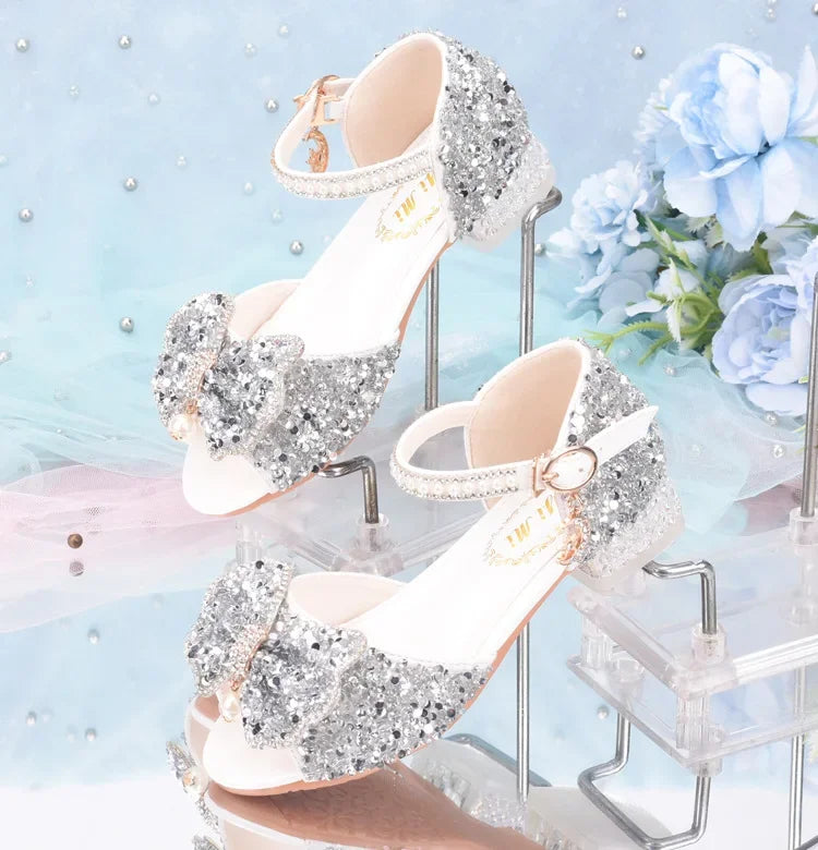 2025 Summer Girls' Princess Shoes Fashion Sequin Bow Soft Bottom Children's Sandals Girls' Performance Pearl Crystal High Heels