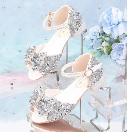 2025 Summer Girls' Princess Shoes Fashion Sequin Bow Soft Bottom Children's Sandals Girls' Performance Pearl Crystal High Heels
