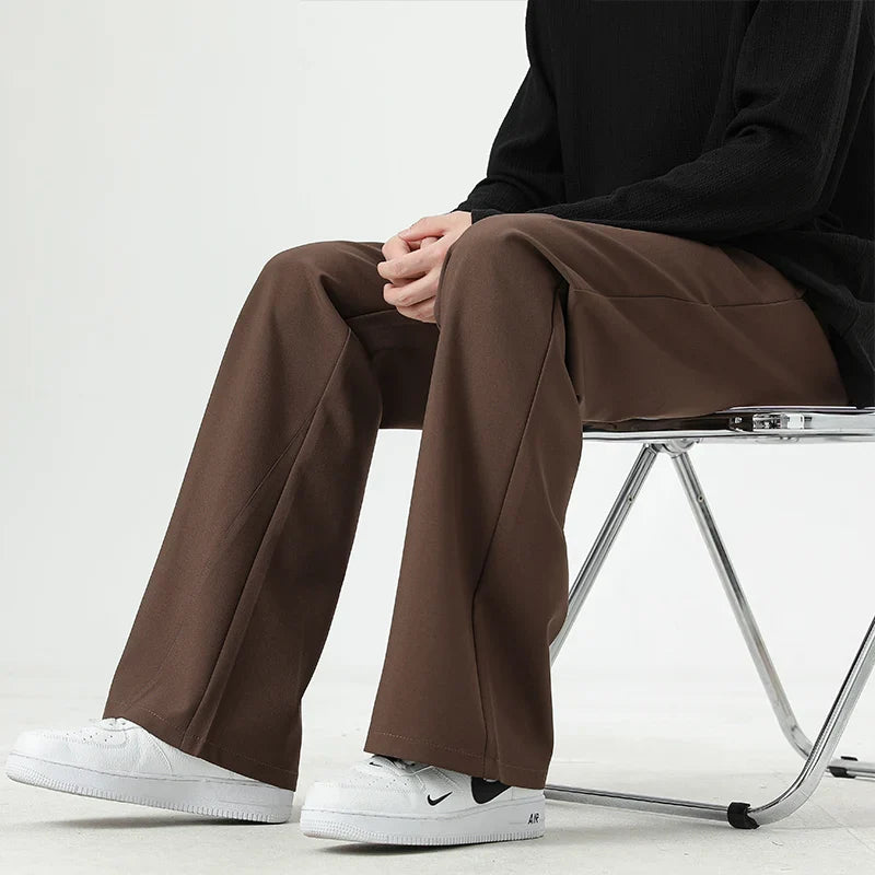 Men's Korean Fashion Small Flared Suit Pants Elastic Waist Drape Loose Straight Solid Color Business Office Casual Male Trousers