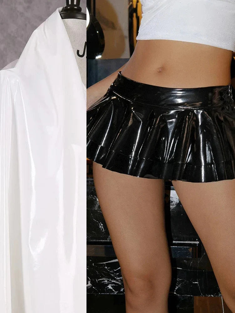 Faux Latex Ruffle Mini Skirt Women Drop Waist Sexy A-line Skirt Ladies PU Leather Pleated Skirt Beach Summer Clubwear New Custom