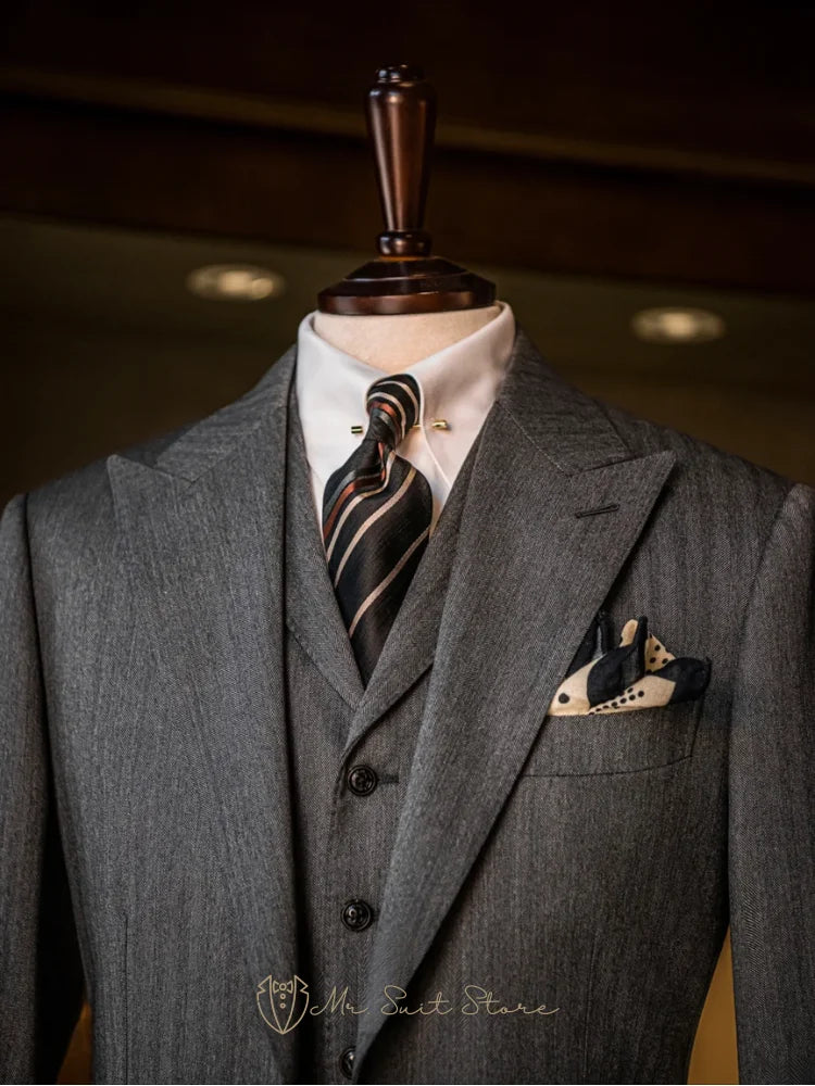 New Men's 3piece Suit Single Breasted Herringbone Pattern Men's Business Formal Attire Wedding Suit Groom's Jacket Men's Fashion