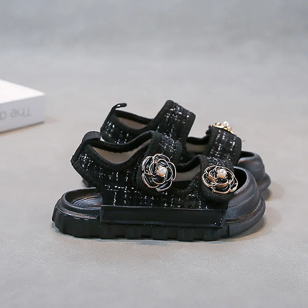 Korean Style Summer Sandals For Girls Luxury Pearl Flower Children's Beach Shoes Ergonomics Soft-soled Kid's Girl's Sandals