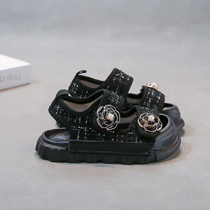 Korean Style Summer Sandals For Girls Luxury Pearl Flower Children's Beach Shoes Ergonomics Soft-soled Kid's Girl's Sandals