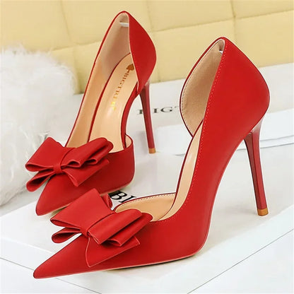 2024 Women 10.5cm High Heels Sweet Korean Side Hollow Pumps Lady Party Purple Green Kawaii Bowknot Heels Prom Silk Satin Shoes