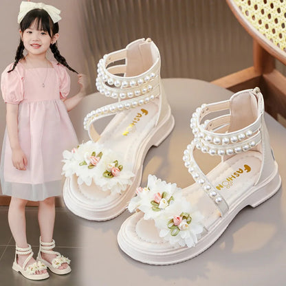 Children's Sandals Summer Bowtie Princess Shoes for Girls Fashion Sweet Kids Causal Pearl Roman Sandals Solid Color Hook Loop