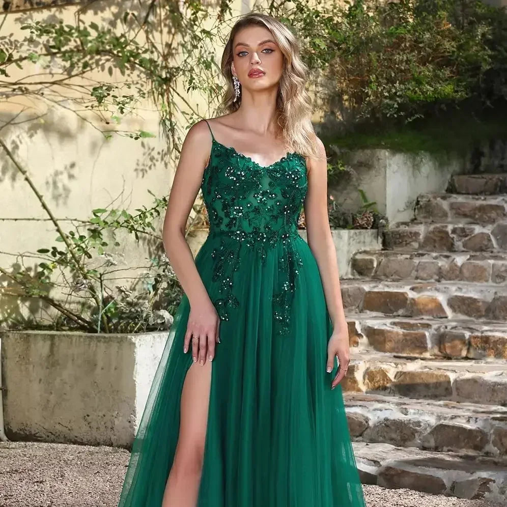 BABYONLINE Forest Green Tulle Prom Dress with Embroidered Beaded Waist & Sweetheart - Sparkling A-Line Gown for Teens & Galas