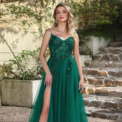 BABYONLINE Forest Green Tulle Prom Dress with Embroidered Beaded Waist & Sweetheart - Sparkling A-Line Gown for Teens & Galas