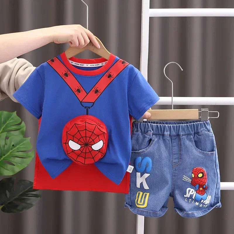 2025 Summer Baby Boys Spiderman Short Sleeve T-shirt+Jeans Sets Clothes Kids Fashion Clothing Outfits Children Sports Suits