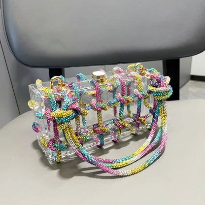 Bolsa de Noite com Alça e Strass Prateada de Cristal Feita à Mão para Mulheres, Bolsas e Bolsas de Mão de Designer de Luxo para Banquete